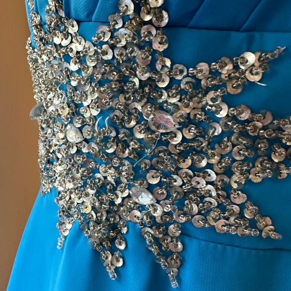 One Shoulder Corset Back Evening Gown/Formal Dress | Turquoise/Blue w/ Sequins - Picture 5 of 16
